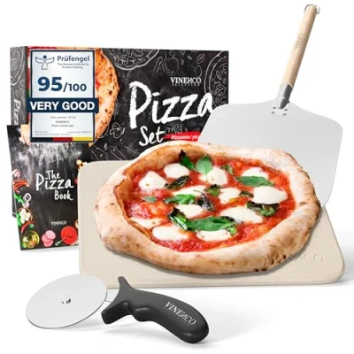 Afbeelding van Pizzasteen voor Oven &amp; Gasgrill met Pizzaschep, Receptenboek Pizzasnijder Pizza Stone Set: Brood Steen Steenplaat Grill Kit BBQ Pizzabenodigdheden Broodbaksteen Ovensteen Pizzaschuiver