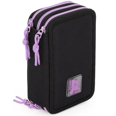Afbeelding van Julian Ross drievoudig gevoerd etui, 44 schoolaccessoires, 20 cm, zwart en paars., pennenhouder