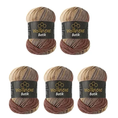 Afbeelding van Wollbiene Batik Set van 5 bollen 100 g wol voor breien en haken (500 g) Veelkleurig Met kleurgradatie Kleur 5020 bruin beige