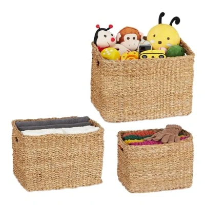 Afbeelding van Relaxdays opbergmand zeegras 3 delige set gevlochten manden groottes rechthoekig