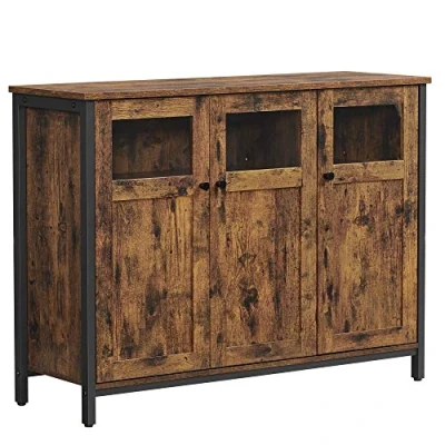 Afbeelding van LSC099B01 VASAGLE Buffet keukenkast met glazen deuren voor woonkamer, keuken of eetkamer, stalen frame, industriële stijl, zwart bruin vintage