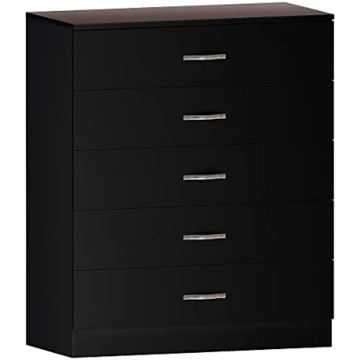 Afbeelding van Vida Designs Riano Zwarte commode met 5 laden handgrepen en metalen geleiders, unieke ladehouder tegen doorzakken voor slaapkamer