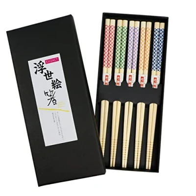 Afbeelding van Exzact Cadeauset met 5 paar herbruikbare eetstokjes van natuurlijk bamboe in een mooie handgemaakte zwarte doos, Japanse stijl versierd