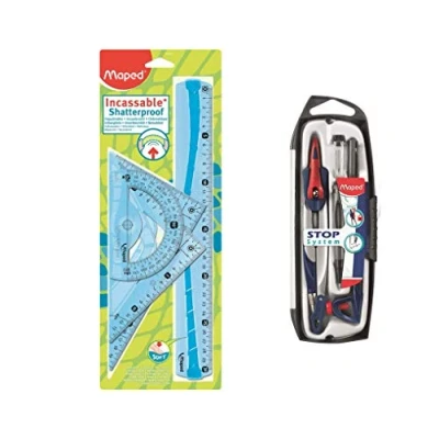 Afbeelding van MAPED 4 delige tekenset, met liniaal, 30 cm, gradenboog 180/12 geodriehoek 60/21 45/21 cm + passer 5 delig stopsysteem kleur blauw of groen