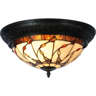 Afbeelding van LumiLamp Plafondlamp Tiffany Ø 38x19 cm Beige Bruin Glas Driehoek Vlinder Plafonniere