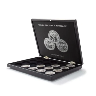 Afbeelding van Leuchtturm Leuchtturm, Presentatie cassette, Volterra Uno voor Munten Somalia African Elefant, 1 oz Silver in capsules (20 st.) Zwart afm: