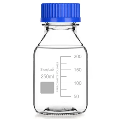 Afbeelding van stonylab Gegradueerde Opslagflessen met GL45 Schroefdop, 250 ml Borosilicaatglas Helder Rond Laboratoriumreagens voor Reagensmedia Blauwe 1 Stuk