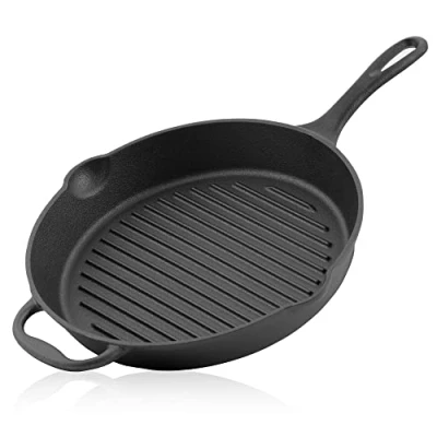 Afbeelding van Gietijzeren Koekenpan Diameter 29 cm grillpan met handvat, handvat en schenktuit, geribbeld Pan Grill, BBQ Pan, Ovenpan,