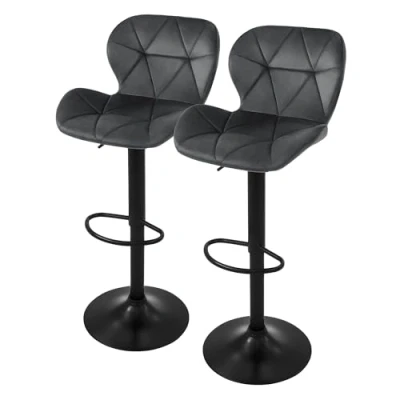 Afbeelding van ML Design Set van 2 fluwelen barkrukken, grijs, gestoffeerde stoel met rugleuning en voetensteun, in hoogte verstelbaar 59 79 cm, 360 draaibaar, toonbankkruk, keuken, pub, huisbar