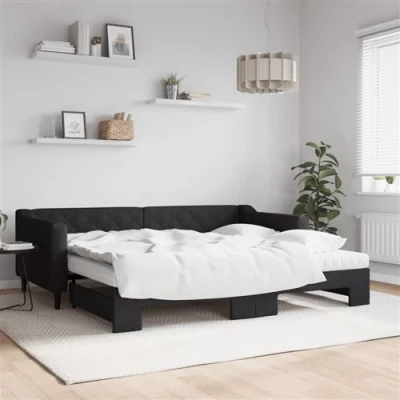 Afbeelding van vidaXL Slaapbank met onderschuifbed en matrassen 90x200 cm stof zwart