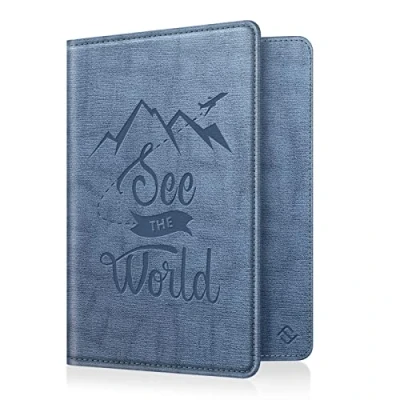 Afbeelding van FINTIE Paspoorthoes Reisbeschermer Portemonnee Pouch Beschermhoes voor Paspoort, instapkaart, ID kaart,, Blauw, Stijlvol