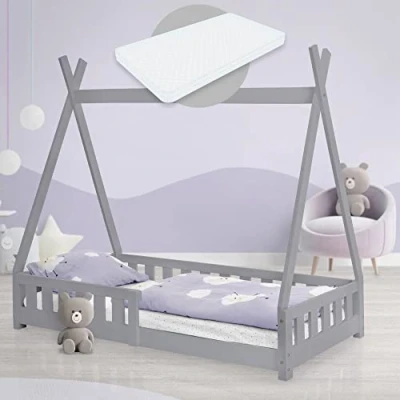 Afbeelding van Kinderbed Tipi 80x160 cm lichtgrijs gemaakt van dennenhout incl. matras H 10cm uitvalbescherming en lattenbodem ML Design