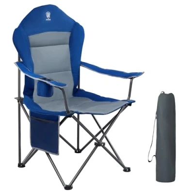 Afbeelding van EVER ADVANCED vouwbare campingstoel oversized gewatteerde arm inklapbaar stalen frame hoge rugstoel met bekerhouder zijtas zware ondersteuning 136kg (Blauw)
