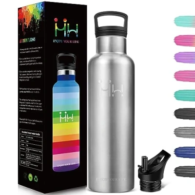 Afbeelding van HoneyHolly Thermosfles, 500 ml, BPA vrij, roestvrij staal, lekvrij, dubbelwandig, met rietje, geschikt voor koolzuurhoudende dranken