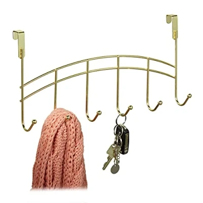Afbeelding van Relaxdays deurkapstok kapstok hangend kapstokhaken deur ophanghaken 6 haken goud