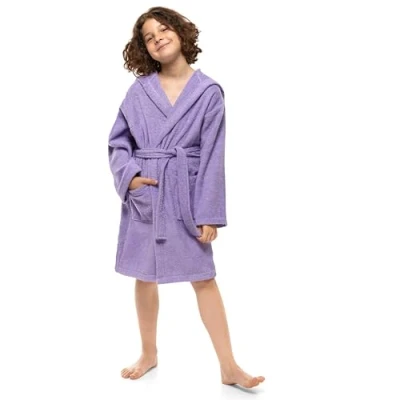 Afbeelding van Twinzen badjas voor jongeren, jongens en meisjes, met capuchon, 100% katoen, OekoTex, 11 12 jaar, paars, badstof, ultrazacht absorberend, Mauve