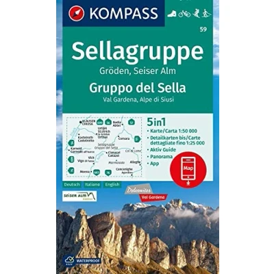 Afbeelding van KOMPASS Wanderkarte 59 Sellagruppe, Gröden, Seiseralm / Gruppo del Sella, Val Gardena, Alpe di Siusi 1:50.000