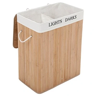 Image de SONGMICS Panier à Linge 100L, Corbeille Sale 2 Compartiments, Couvercle en Bambou, Poignées, Pliable, avec Sac Amovible et Lavable Machine, pour Buanderie, Chambre, Couleur Boisée LCB64Y