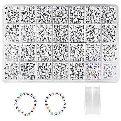 Afbeelding van Newpop 1400 stuks armband kralen 7 X 4 mm, A Z wit alfabet en gekleurde hartkralen met 2 elastische strengen, voor sieraden, armbanden, kettingen, kinderen DIY handwerken