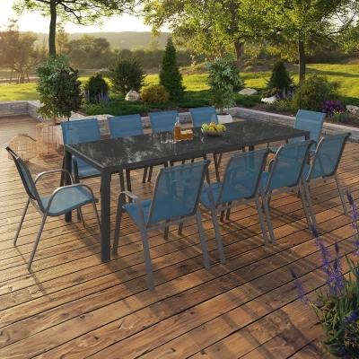 Afbeelding van Tuinmeubelset MADRID tafel 240 CM en 10 stapelstoelen eend blauw