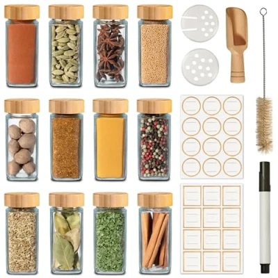 Afbeelding van Praknu Kruidenpot met herbruikbare etiketten, 12 stuks, kruidenpotjes bamboedeksel, 120 ml, inclusief reinigingsborstel en houten lepel