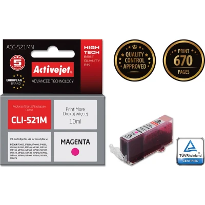 Afbeelding van Activejet ACC 521MN inktcartridge (vervanging voor Canon CLI 521M; Supreme; 10 ml; magenta)