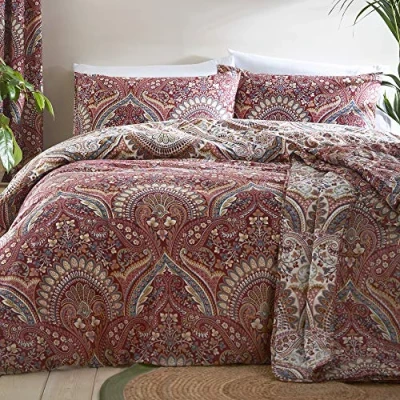 Afbeelding van Dreams &amp; Drapes Bruine Jacobijnse bloemenpatroon beddengoedset (200 x 200 cm) Donker rood damast dekbedovertrek Omkeerbaar ontwerp Traditioneel/vintage beddengoed Perzische inspiratie