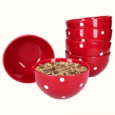 Afbeelding van van Well Emily Set 6 mueslikommen aardewerk, rood/wit gestippeld, Ø 145 mm