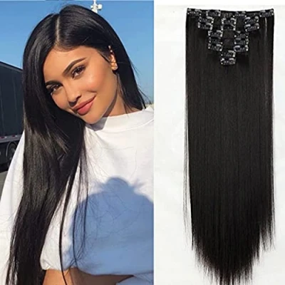 Afbeelding van 58 cm (58 cm) clip in extensies van echt haar, 8 stuks, kunsthaar, ziet er natuurlijk glad en onzichtbaar uit (140 g, zwart)