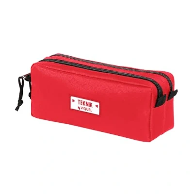 Afbeelding van Viquel Trousse Scolaire Teknik Rouge pour Enfants en Polyester 600D Résistant 2 Compartiments, Zips et Cordelettes Patch Décoratif