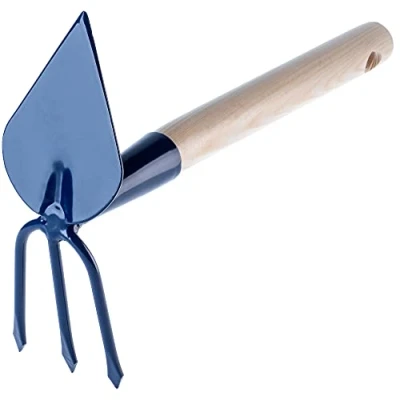 Afbeelding van KADAX Metalen schoffel met houten handvat, dubbele voor de tuin, het losmaken, luchten en wieden van grond, karcler (kort, hartvorm 3 tanden, handvat)