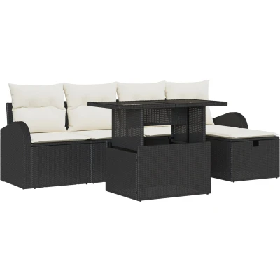 Afbeelding van vidaXL 6 delige Tuin Sofa Set met Kussens Zwart Poly Rattan, 2 zitter Opslag &amp; Rattan