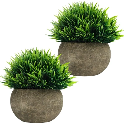Afbeelding van Belle Vous Mini Artificiële Pot Planten (2 Pak) Nep Groene Gras Bosjes met Grijze Kleine Faux Plastic Binnen &amp; Buiten Huis Decor, Kantoor Badkamer Aankleding Decoratie