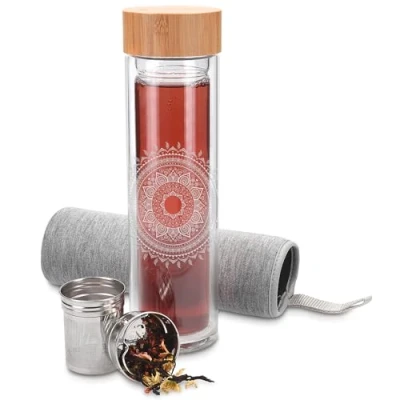 Afbeelding van Navaris glazen theefles met filter 500 ml Waterfles van glas Dubbelwandige drinkfles Fles bamboe dop Thee infuser en hoes Indian Sun