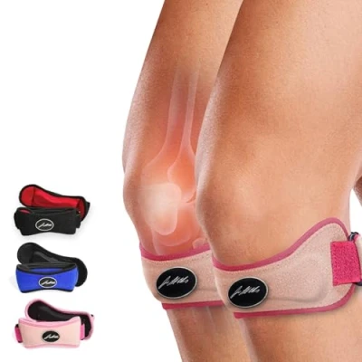 Afbeelding van Dr. Arthritis Kniebrace, ontworpen door artsen, sportkniebrace, crossfit, riem, knierail, voor tendinitis, hardloperknie, ITB, boekje inbegrepen, roze, paar