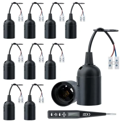 Afbeelding van 10 stuks E27 fitting, lamphouder, E27, renovatiefitting, renovatiefitting met spanning VDE/fasetester bouwplaatsfitting, lampfitting kabel (zwart)