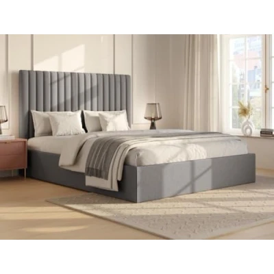 Afbeelding van Vente unique Bed met opbergruimte 160 x 200 cm hoofdbord verticale stiksels Ribfluweel Grijs + matras SARAH L 170 H 120 D 214