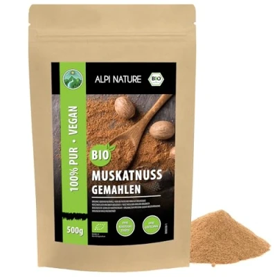 Afbeelding van biologische gemalen nootmuskaat (500 g), nootmuskaat, nootmuskaatpoeder van teelt, laboratoriumgetest