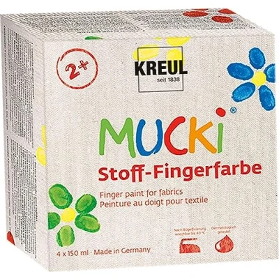 Afbeelding van KREUL 28400 Mucki Set van 4 blikjes textielvingerverf 150 ml veganistische verf op waterbasis zonder parabenen, glutenvrij en lactosevrij