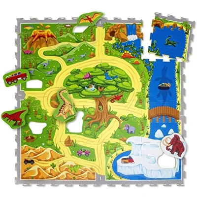 Afbeelding van Hakuna Matte Puzzelmat voor baby&#039;s City met TÜV SÜD GS certificaat 20% dikkere speelmat in een milieuvriendelijke verpakking 16 puzzelmatten straten 11 voertuigen 1,2 x m (Dinosaurussen)