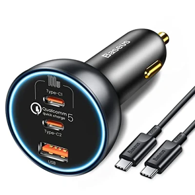 Image de Baseus Amblight Adaptateur d&#039;alimentation pour voiture 160 Wh Power Delivery 3.0 + PPS, QC 5.0 3 connecteurs de sortie (2 x USB C, USB)