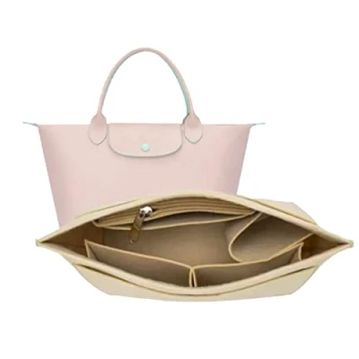 Afbeelding van D.DUO handtas organizer, vilten organizer met meerdere zakken, opvouwbare draagtas voor portemonnee, Longchamp tas, maat M, beige