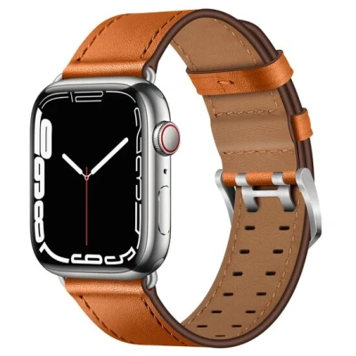 Afbeelding van Apple Watch Leren band met twin gesp Lichtbruin zilveren Geschikt voor 38mm / 40mm 41mm 42mm