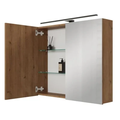 Afbeelding van Planetmöbel ARIA Spiegelbadkamerkast met verlichting, 80 cm breed, om op te hangen, spiegel, gouden eiken, lamp en stopcontact, spiegelkast voor gasten, x 70 16