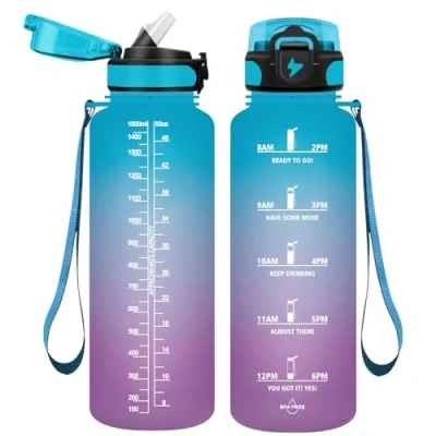 Afbeelding van Vikaster 1,5 liter drinkfles met rietje, BPA vrij, 1500 ml, lekvrij, kunststof voor yoga, reizen, fitness, wandelen, outdoor