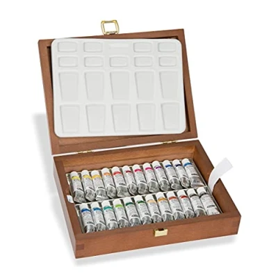 Afbeelding van Schmincke HORADAM AQUARELL 24 tubes à 5 ml, porseleinen pallet, 74224097, houten doos, hoogwaardige schilderset, aquarel