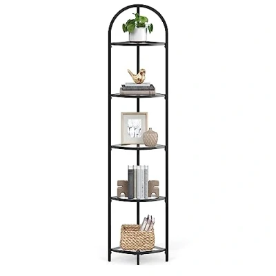 Afbeelding van VASAGLE Hoekrek met 5 niveaus, boekenkast, plantenrek, badkamerrek, gehard glas, metalen frame, moderne stijl, voor woonkamer, keuken, klassiek zwart