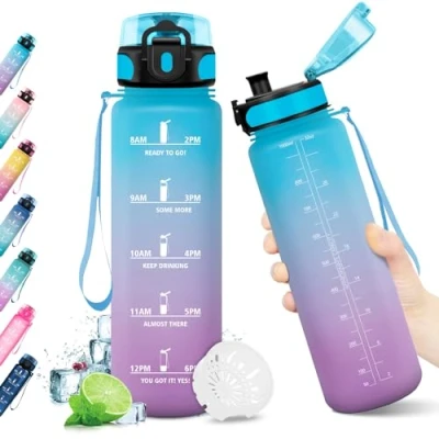 Afbeelding van KollyKolla waterfles 1 liter met tijdschema om te drinken, BPA vrij, sportwaterfles, voor volwassenen, kinderen, sportschool, werk, fiets, gym