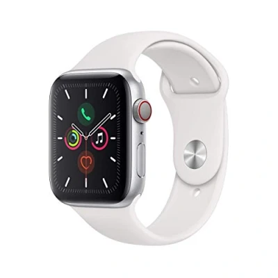 Afbeelding van Apple Watch Series 5 44 mm (GPS + cellular) behuizing van zilverkleurig aluminium met witte sportarmband (gereviseerd)