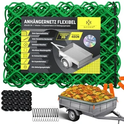 Afbeelding van KESSER® Aanhangernet, 2 x 3 m, rekbaar, fijnmazig, ophangnet met trekkoord en netkoord voor het vastzetten van de lading, elastisch veiligheidsnet, markeringen